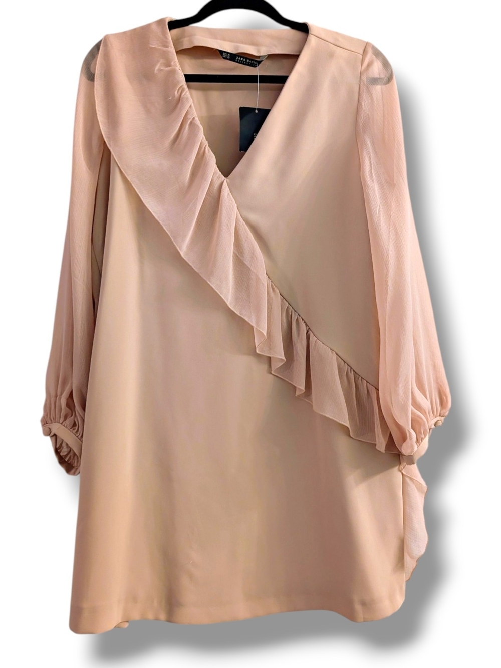 NWT Zara Blush Pink Ruffle V-Neck Long Sleeve Dress, SIZE XL